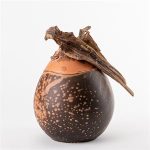 Ceramic jar, obvara firing, driftwood ornament, orange model 