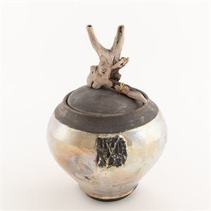 Ceramic jar, RAKU firing, golden glaze, driftwood ornament 