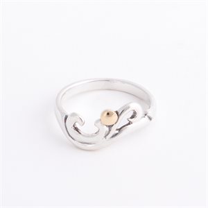 Silver ring decorated with gold, spiral waves model, size 8