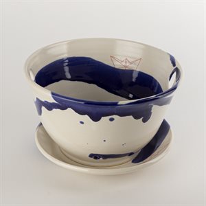 Blue and white ceramic berry strainer