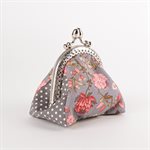 Cotton duffel coin purse with metal clasp Gray with pink flowers