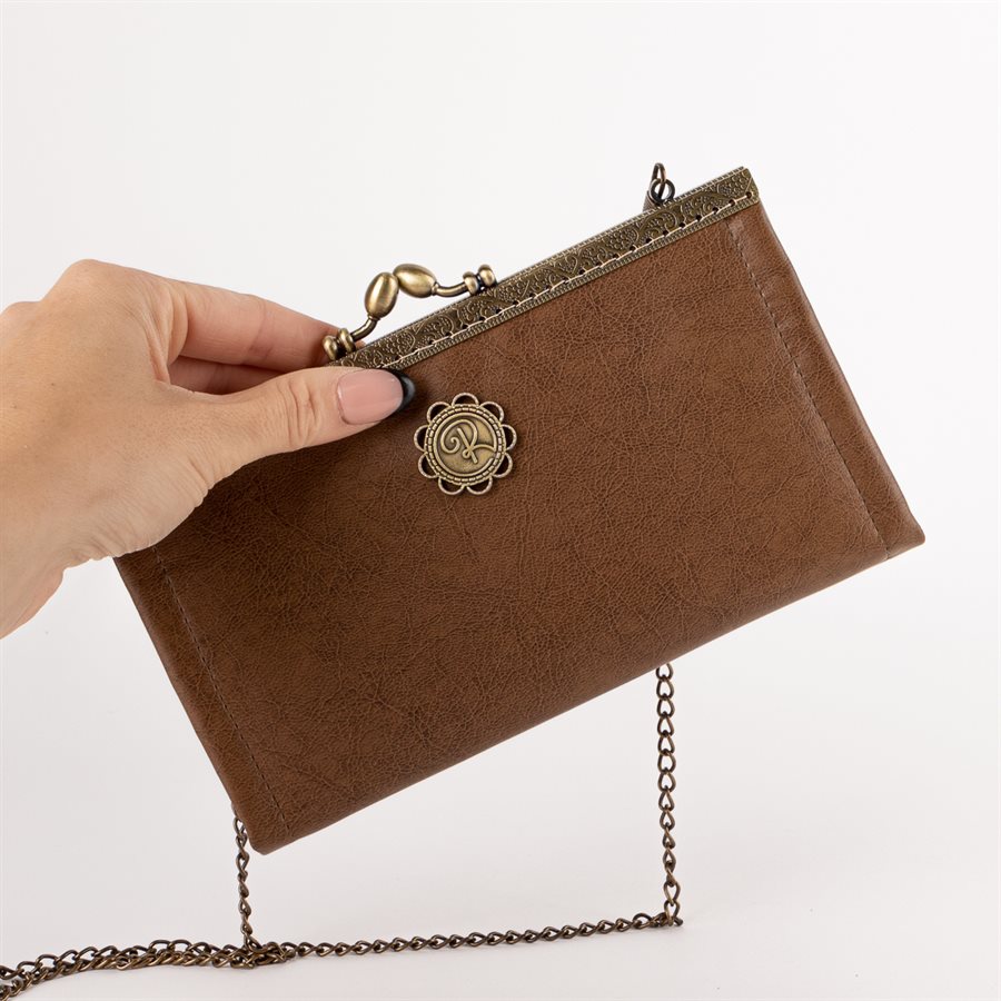 Sac portefeuille en faux cuir et coton avec fermoir de métal Brun et rose 1862